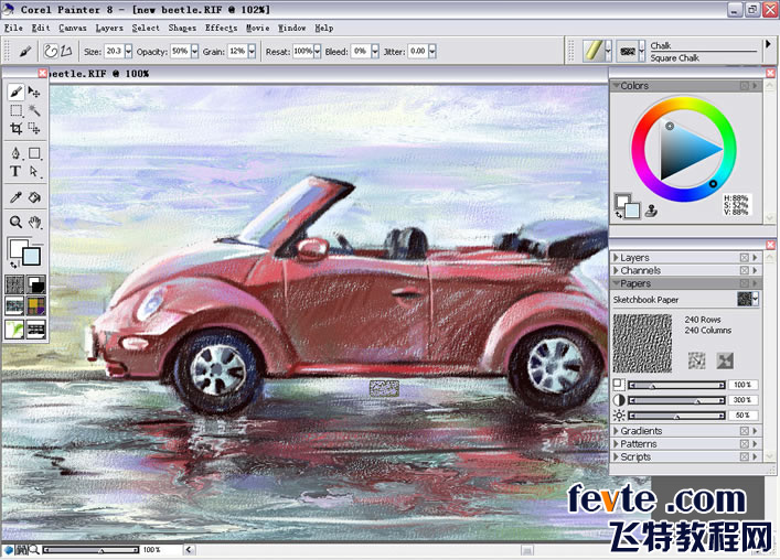 运用Painter Chalk（色粉笔）绘制敞篷甲壳虫 软件云 painter教程