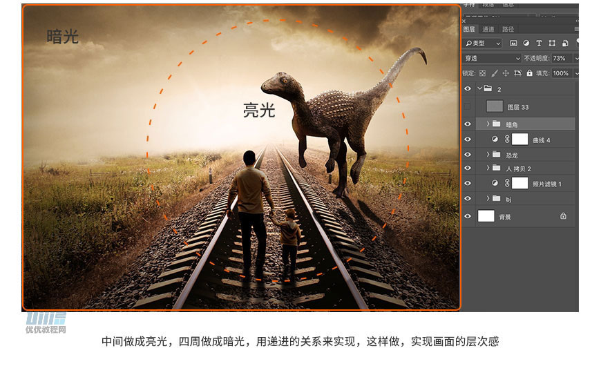 PS设计铁轨边上奔跑的霸王恐龙海报图片