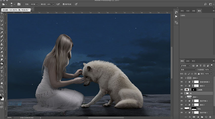 PS合成月色场景中天使姑娘与白狼图片