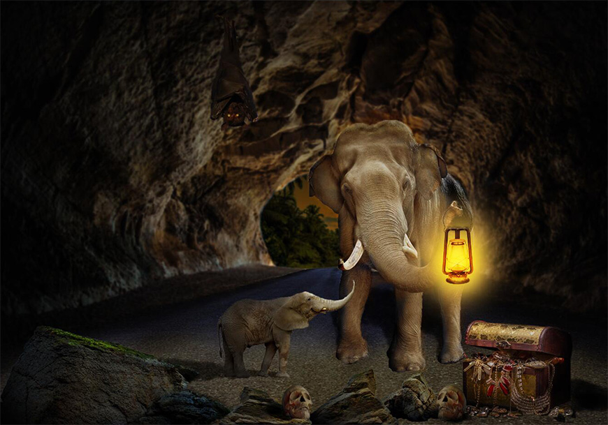 Photoshop合成山洞中寻宝场景的大象图片