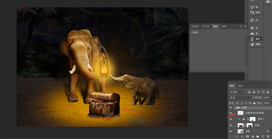 Photoshop合成山洞中寻宝场景的大象图片