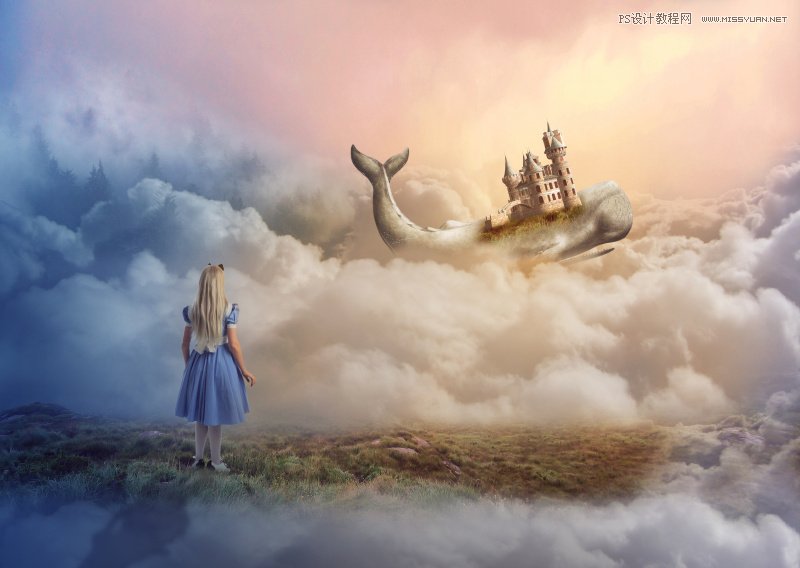 PS合成大白鲸托着城堡在云彩中飞翔场景
