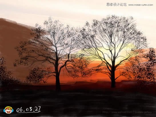 PS鼠绘一幅夕阳照射的树林风景照片