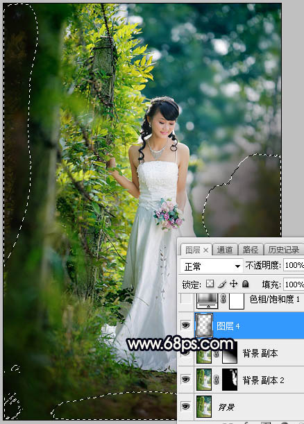 PS给树林背景婚纱照片添加暖色逆光效果