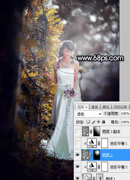 PS给树林背景婚纱照片添加暖色逆光效果