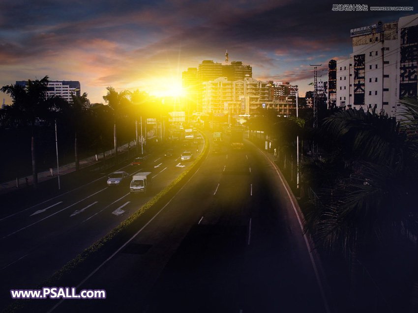PS把城市公路照片添加唯美日落夕阳效果