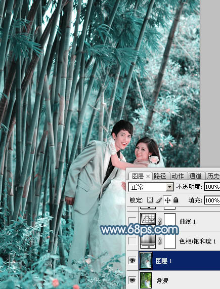 PS调出藏青色竹林背景的婚纱照片