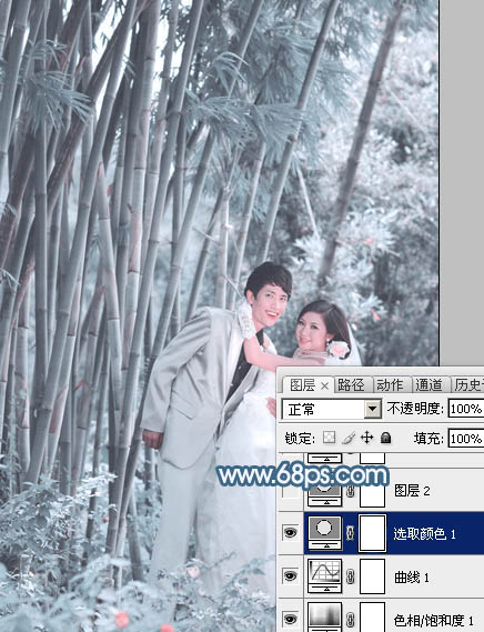 PS调出藏青色竹林背景的婚纱照片