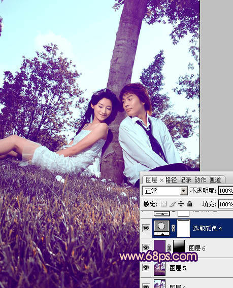 用PS把草坡上的情侣照片调成浪漫紫色