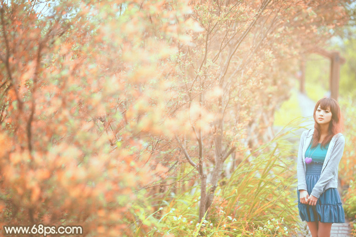 PS调出粉红色树林中的小清新美女图片