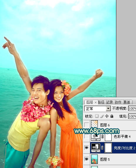 如何PS调出明亮青色海景情侣照片