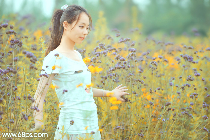 PS调出紫黄色野花背景的户外女孩图片