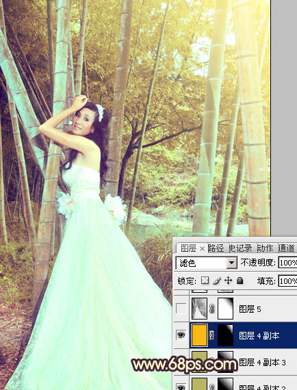 用Photoshop把竹林婚纱照片调成黄褐色