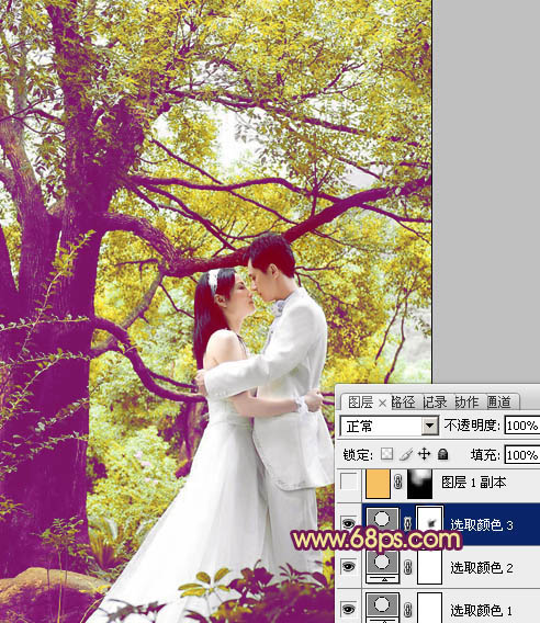 紫色柔美树林情侣照片如何用PS调制