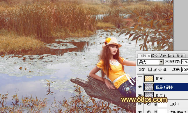 PS把沼泽湖边上的女孩写真照片调成淡黄色