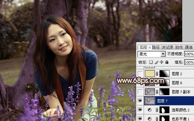 如何调出黄紫色树林女孩照片的PS方法
