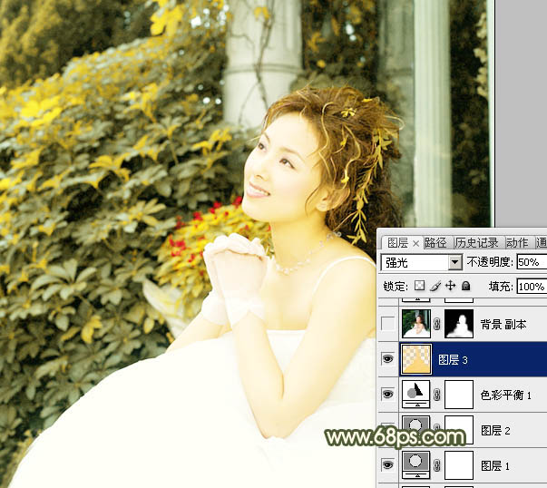 Photoshop淡黄色彩的幸福美女婚纱照片