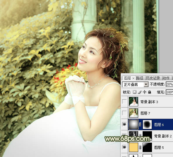 Photoshop淡黄色彩的幸福美女婚纱照片