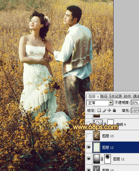 PS油菜花丛中的婚纱照片专业调色处理