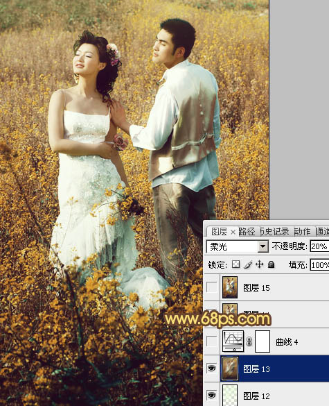PS油菜花丛中的婚纱照片专业调色处理