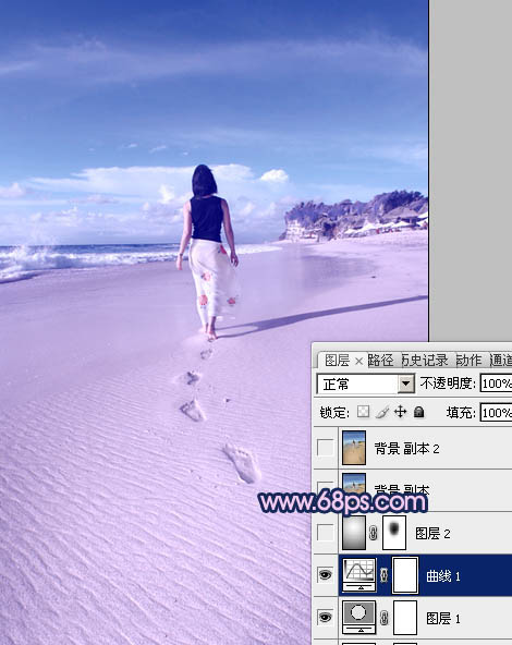 PS调制淡紫色沙滩美女背影照片色彩