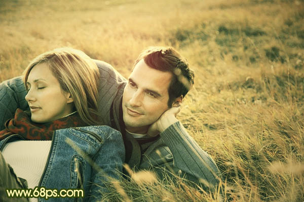 PS打造草地上的浪漫青黄情侣照片