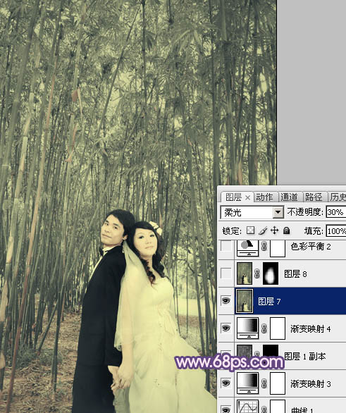 PS紫色竹林背景的婚片处理教程