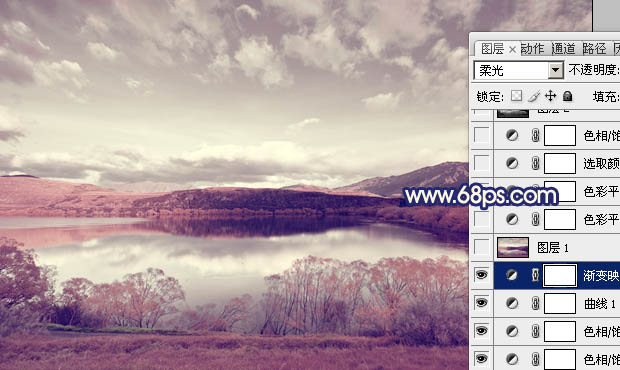 用PS制成暗紫色质感高原湖景照片