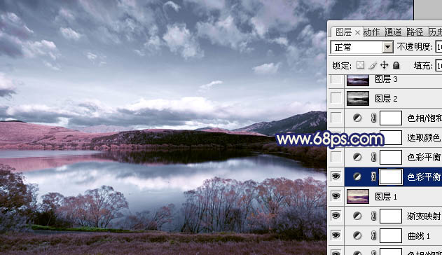 用PS制成暗紫色质感高原湖景照片