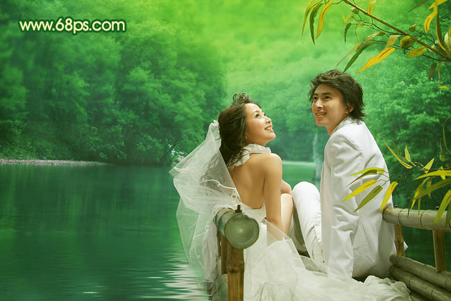 Photoshop制作绿色生态湖景婚纱照片