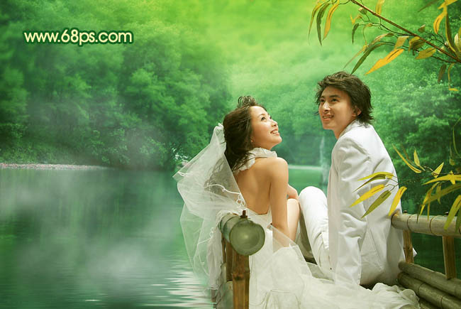 Photoshop制作绿色生态湖景婚纱照片