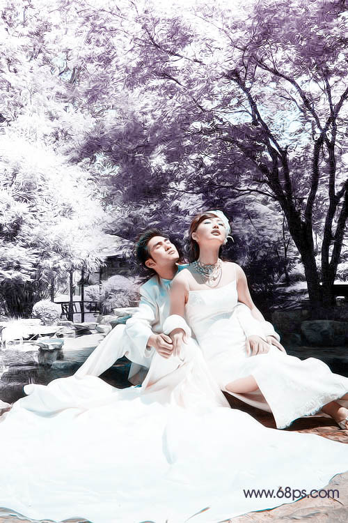 紫色梦幻色彩调制的婚纱照片