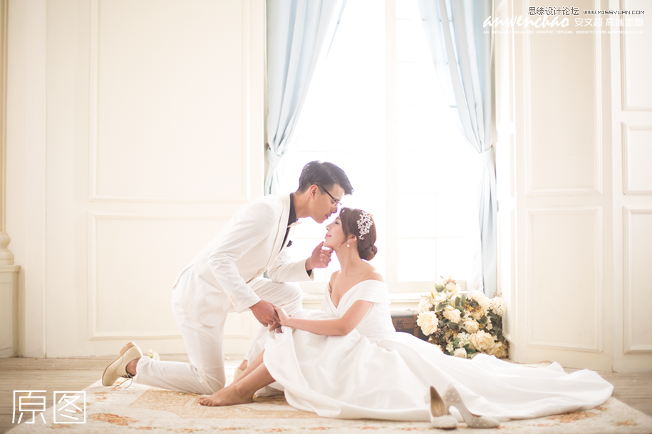 调出韩式米黄色室内婚纱照片的PS教程