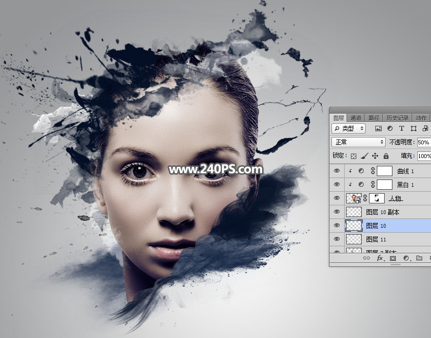 制作喷溅水墨艺术女生头像照片的PS教程