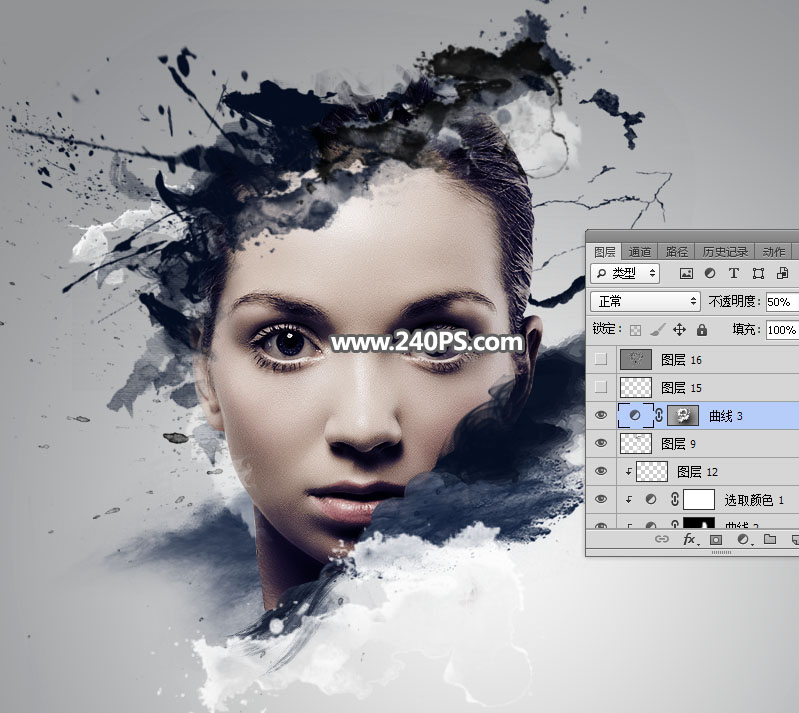 制作喷溅水墨艺术女生头像照片的PS教程