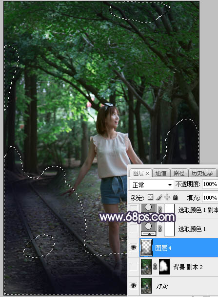 用PS调出梦幻紫红色树林背景女生照片