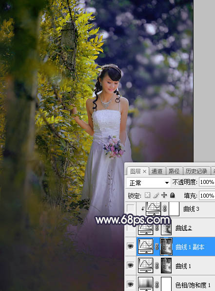调出逆光紫黄色新娘婚纱照片的PS教程