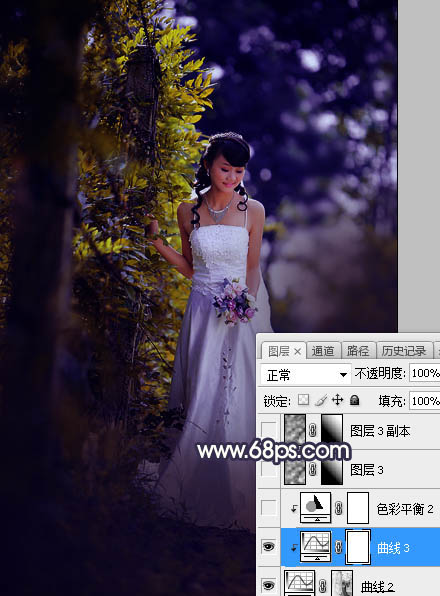 调出逆光紫黄色新娘婚纱照片的PS教程