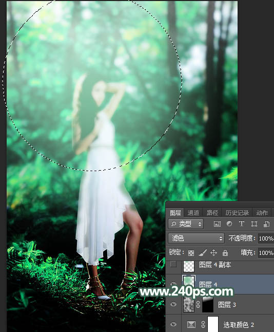 PS打造阳光绿色树林背景女生写真照片