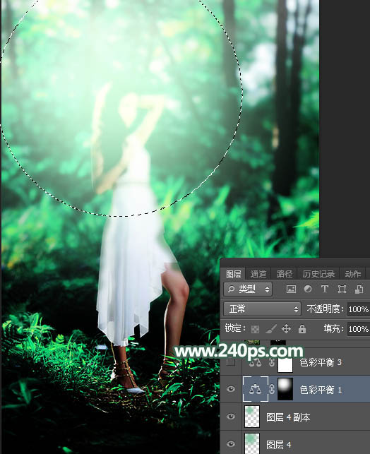 PS打造阳光绿色树林背景女生写真照片