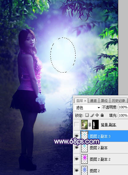 用PS打造唯美紫蓝色树林背景女生照片