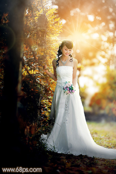 用PS调制暖黄色阳光树林背景婚纱照片