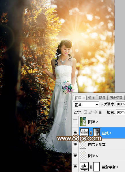用PS调制暖黄色阳光树林背景婚纱照片