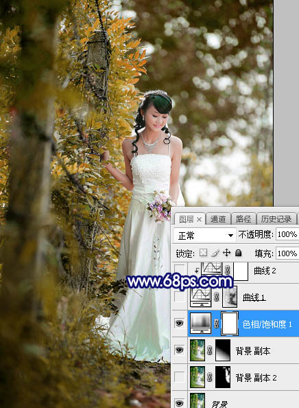 PS打造蓝黄色秋季树林新娘婚纱照片