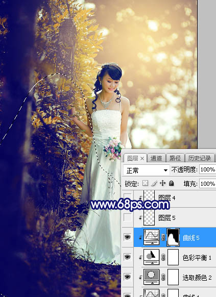 PS打造蓝黄色秋季树林新娘婚纱照片