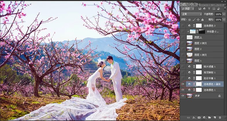 用PS调出鲜艳桃花树林背景的婚纱照片