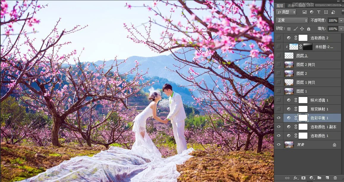 用PS调出鲜艳桃花树林背景的婚纱照片