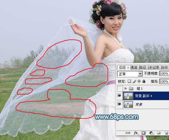 用PS工具对透明婚纱照片精细抠图换背景