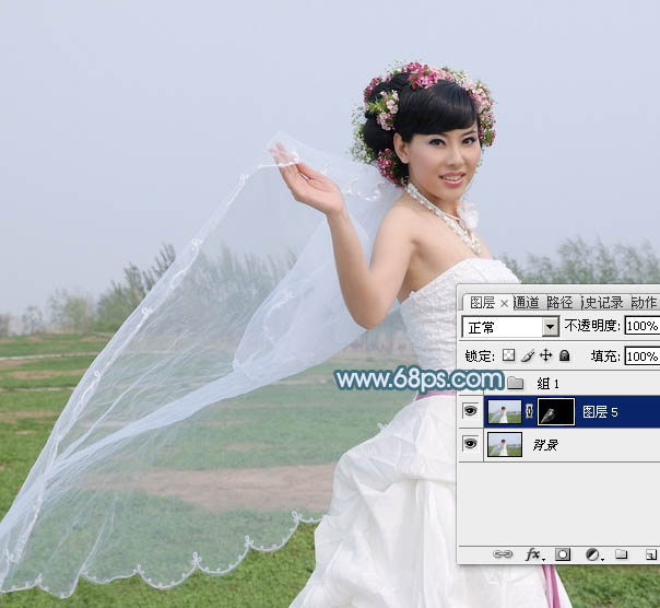 用PS工具对透明婚纱照片精细抠图换背景