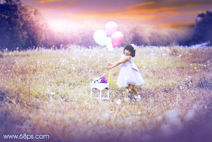 用PS调出淡紫色的梦幻草地儿童照片